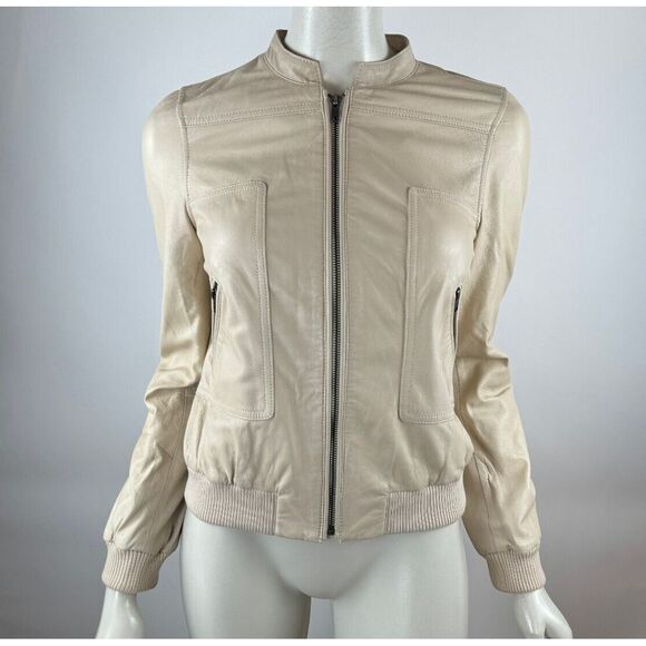 Joie Calf Leather Bomber Jacket Women XS Full Zip Pockets‎ Lined Moto Bike Beige - Picture 1 of 16